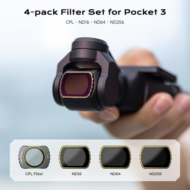 Vaxis Global MOVMAX CPL & ND16 & ND64 & ND256 Filter Kit (4-Pack) for DJI Osmo Pocket 3 Accessories, Magnetic Neutral Density Polarising Filter, Multi Coated/Optical Glass/Aluminum Frame, Includes 1 LCD Protector - Image 2